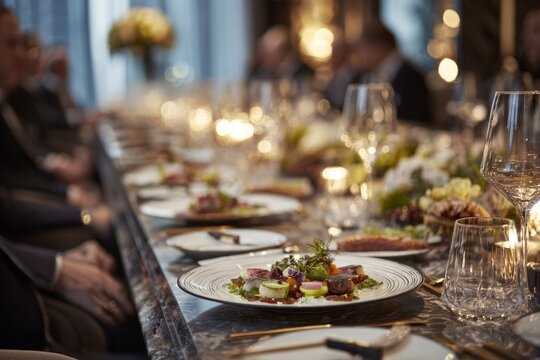 Elegant executive Christmas dinner with gourmet plate and formal atmosphere