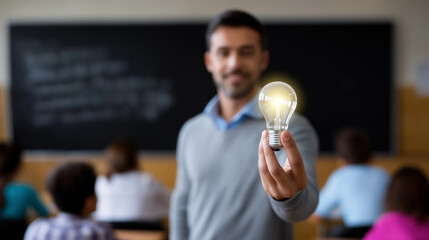 Teacher holding glowing lightbulb in classroom with blurred students in background.
