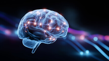 Futuristic digital brain with glowing neural connections on dark background.
