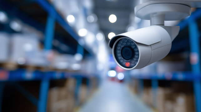 Surveillance camera monitoring warehouse aisle with blurred shelves in the background.

