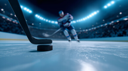 Fototapeta premium Close-up of hockey stick and puck on ice rink with player approaching in background. 