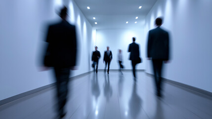 Silhouettes of business people walking through modern office hallway in motion blur.
