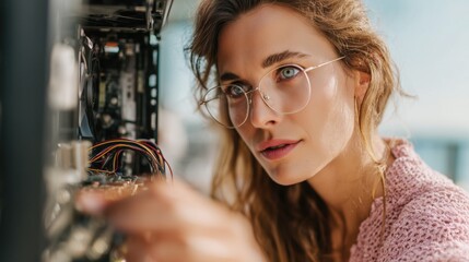 Focused female IT specialist repairing a desktop computer, modern office environment, technology and innovation concept, woman in tech role.
