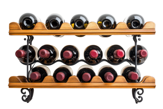 Wine rack featuring transparent back and elegant design, showcasing bottles of red wine on wooden shelves for stylish storage and display in any setting