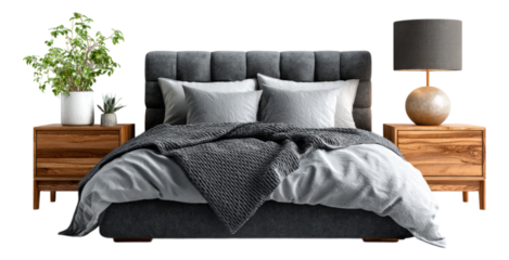 Cozy modern bedroom setup with plants and lamps