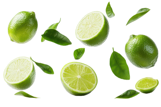 Fresh limes and lime slices floating among vibrant green leaves on a minimalistic white backdrop in a kitchen setting