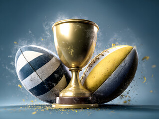 Golden trophy with rugby balls and smoke effect