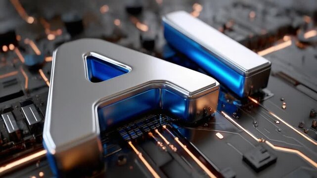 Intricate Tech A: An eye-level, macro perspective showcases the letters A and an additional component crafted in high-quality metal against a circuit board landscape.