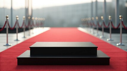 Minimalist black podium and red carpet — abstract 3D platform for product display