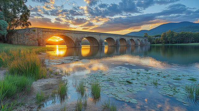 Golden sunset light shines through a historic stone arch bridge, reflecting beautifully on the still lake water with green plants.
