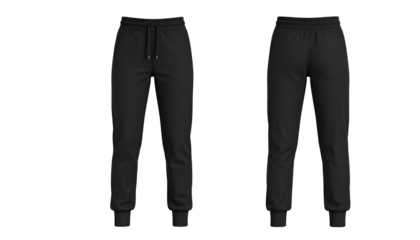 Stylish, black drawstring joggers displayed in front and back views isolated on a transparent background.
