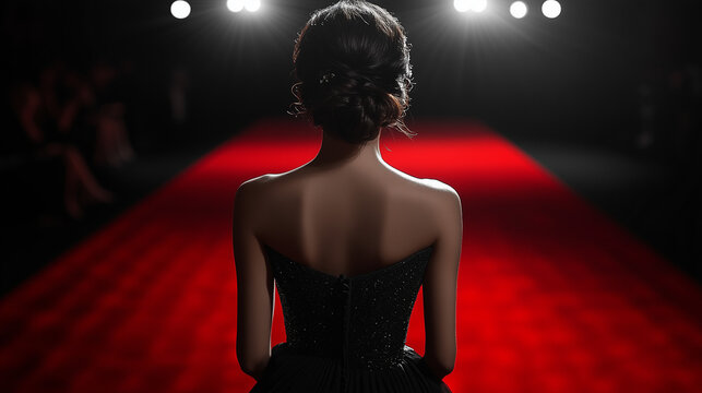 An elegant woman in a black evening gown stands on a grand red carpet, illuminated by bright stage spotlights, ready to step forward.