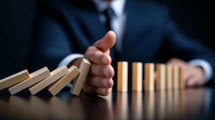 Businessman stopping falling dominoes with hand as a metaphor for crisis management.
