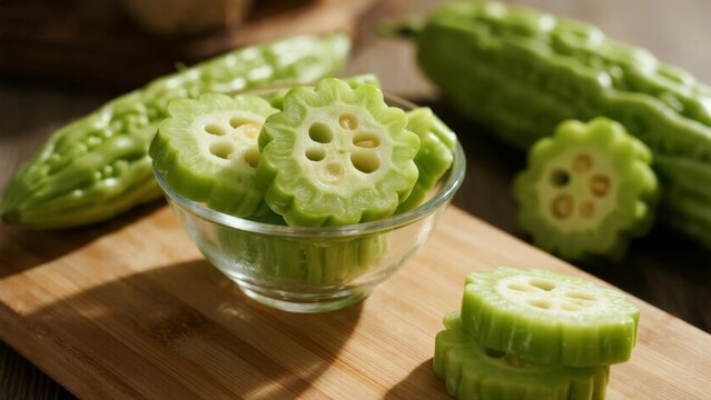 Sliced bitter melon in glass bowl