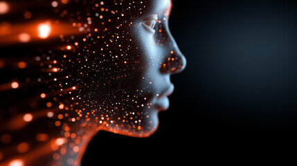 Futuristic 3D rendering of artificial intelligence face with glowing particles and dark background.
