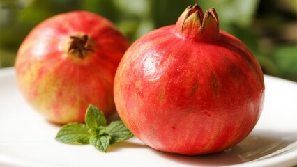 Two ripe pomegranates on a plate