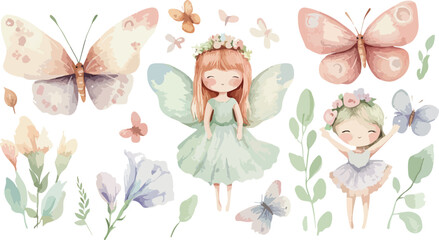 Enchanting watercolor illustration of a fairy princess surrounded by delicate butterflies and soft floral elements