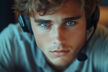 Close-up of a serious young man wearing a headset, sitting at a desk in the office, looking directly at the camera with focus and attention, ready for an important professional, Generative AI
