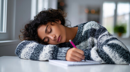 Young woman asleep on desk with pen in hand, exhausted from studying.
