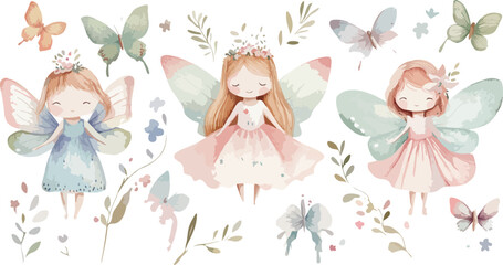 Whimsical watercolor illustration of three adorable fairies with delicate wings and floral accents surrounded by fluttering butterflies and foliage