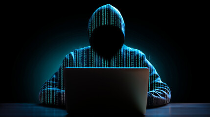 Hooded hacker at laptop with binary code overlay in dark cyber environment.
