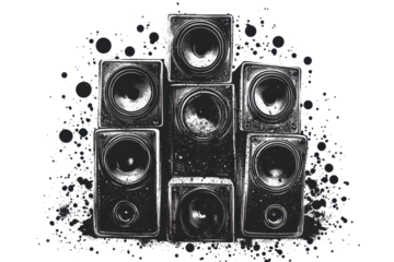 Sound system artwork featuring a stacked arrangement of speakers in halftone grunge style highlighting music culture and audio technology