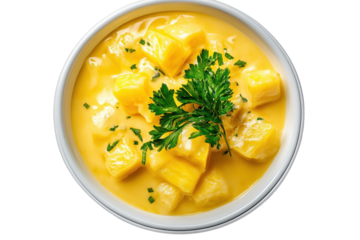 Spicy sambal pineapple cheese sauce served in a white bowl, garnished with fresh herbs, perfect for enhancing diverse culinary dishes at any gathering