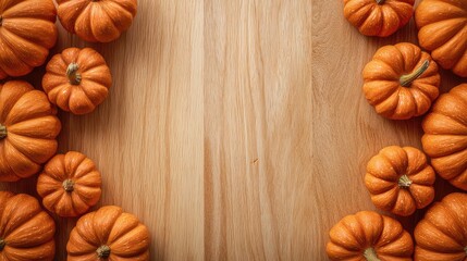 Yellow pumpkins form a decorative frame on a wooden tabletop, capturing the essence of autumn and Halloween with a touch of elegance
