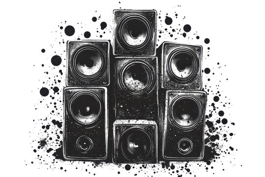 Sound system artwork featuring a stacked arrangement of speakers in halftone grunge style highlighting music culture and audio technology