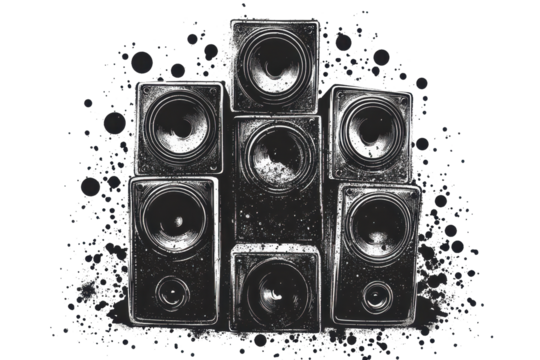 Sound system artwork featuring a stacked arrangement of speakers in halftone grunge style highlighting music culture and audio technology
