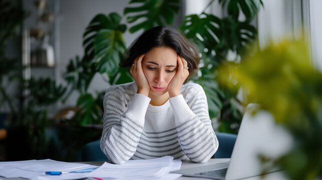 Young woman looking stressed and tired while working with documents at home.
