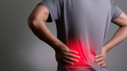 Man holding lower back in pain with red highlighted area indicating backache.
