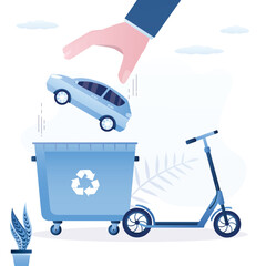 User hand throws car in trash bin and replaces it with scooter. Refusal of polluting gasoline transport and choice of electric bike. Alternative clean eco transport.