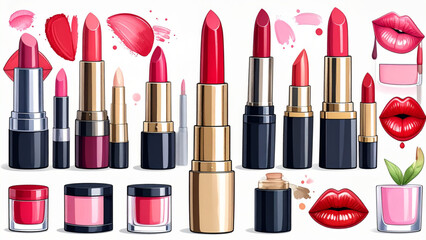 Obraz premium Hand drawn vector illustration of assorted lipstick shades with swatches, cosmetic collection flat design.
