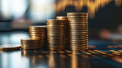 Stacks of gold coins are arranged on reflective surface, symbolizing financial growth and investment. blurred background features graph, indicating market trends and economic analysis