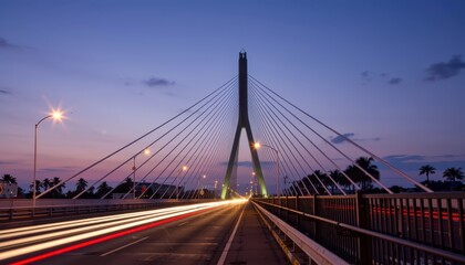 Fototapeta premium Nighttime traffic flow on modern bridge urban cityscape long exposure photography twilight dynamic concept