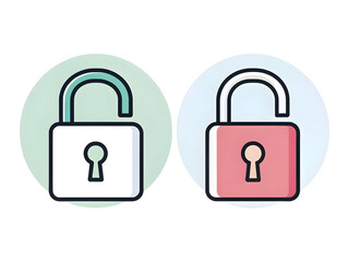 Two open padlocks one white one pink with teal and blue backgrounds security unlock