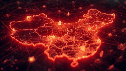 Digital Network Map of China with Red Glow