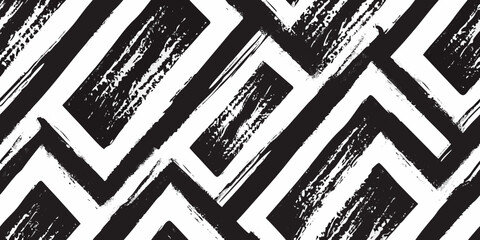Abstract black and white geometric pattern with textured brush strokes creating a modern zigzag design