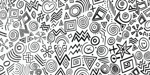 Abstract black and white doodle pattern with geometric shapes and tribal inspired motifs