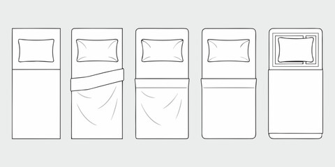 Top view illustration of five different bed making styles with pillows and blankets