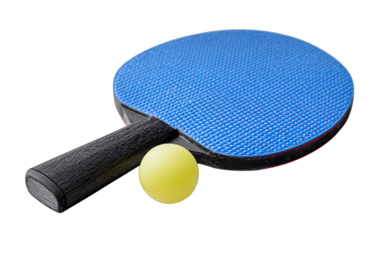 Table tennis paddle with ball on a white background