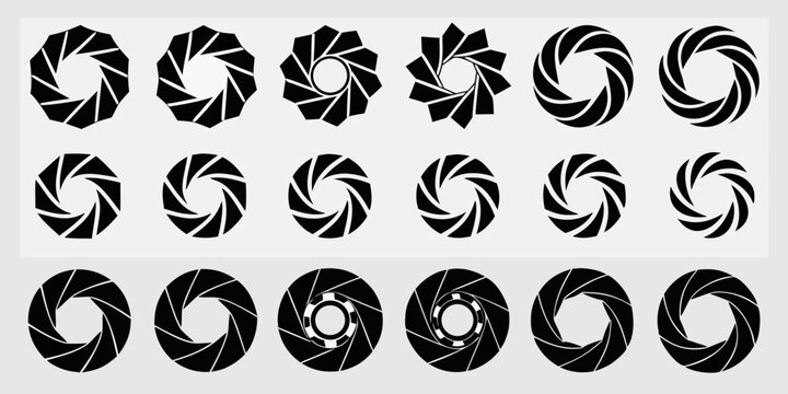 Collection of abstract circular geometric patterns representing camera aperture blades and iris diaphragms