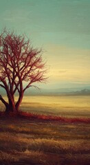 Fototapeta premium Red-leafed tree in a golden field under a pale sky
