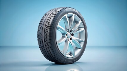 Car Tire with Alloy Wheel on Blue Background for Automotive Industry