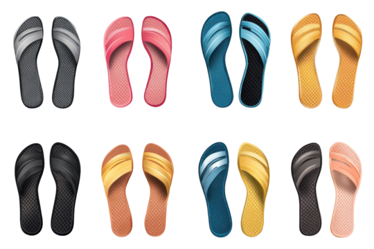 Colorful flip flops arranged in a grid pattern showcasing different designs and colors for summer beachwear inspiration