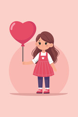 Young Girl Holding Heart-Shaped Balloon on Pink Background