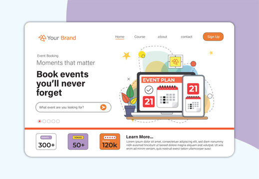 Web landing page template for an online event booking and planning service.