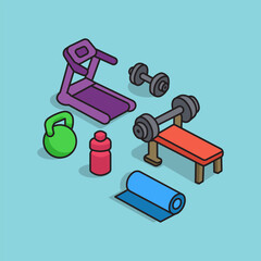 Gym Workout Set Cartoon Isometric Vector Illustration