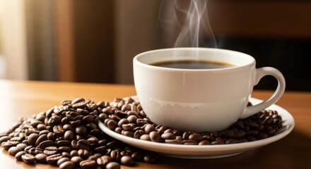 Steaming White Coffee Cup Overflowing with Rich Dark Roasted Beans on Wooden Table